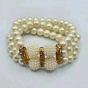 White‎ Bead Pearl Gold Stretch Elastic Bracelet Fashion Jewelry